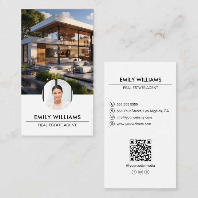 Real Anwesen White Foto QR Code Social Media Visitenkarte (Vorne/Hinten)