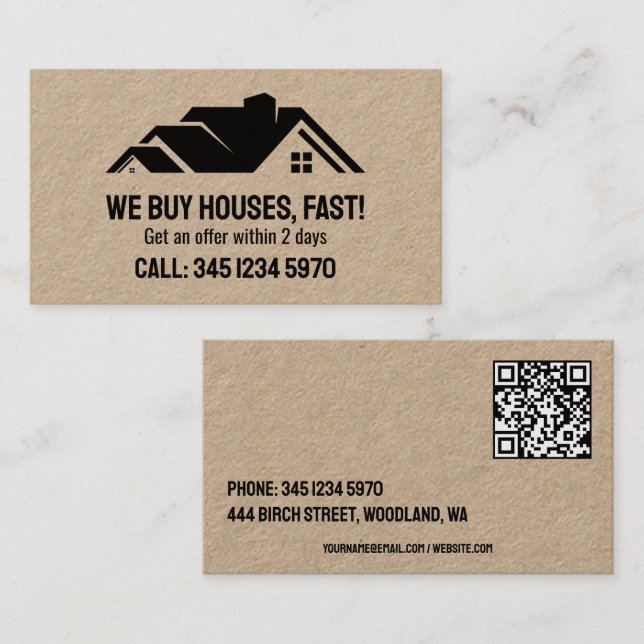🏡 Real Anwesen Wir kaufen Häuser QR Kraft Visitenkarte (Vorne/Hinten)