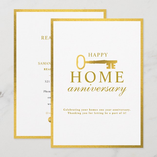 Real Estate Agent Happy Home Anniversary Gold Key Mitteilungskarte (Vorne/Hinten)