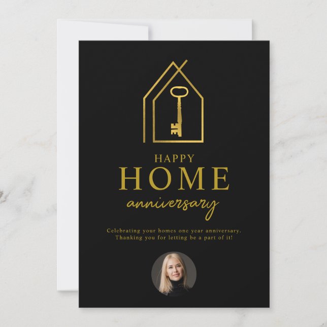 Real Estate Agent Happy Home Anniversary Gold Key Mitteilungskarte (Vorderseite)