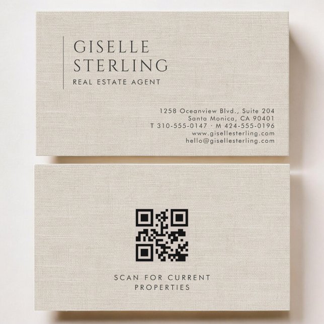 Real Estate Agent Luxury Neutral Linen QR Code Visitenkarte (Von Creator hochgeladen)