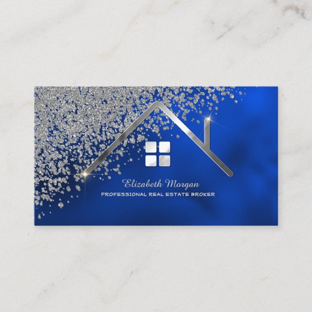 Real Estate Agent Silver House Diamonds Royal Blue Visitenkarte (Vorderseite)