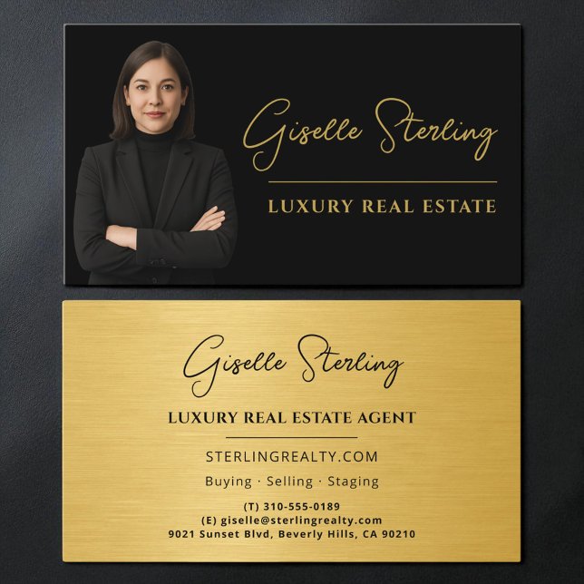 Real Estate Black Gold Script Luxury Metallic Visitenkarte (Von Creator hochgeladen)