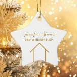 Real Estate Chic Gold White Custom Christmas Star Keramik Ornament<br><div class="desc">This modern realtor Christmas star ornament is custom made with your realty company name under the agent name in chic typography This minimalist gold and white gift feature a single line drawing of a house. Contemporary holiday present for an agent working to help you buy a home.</div>