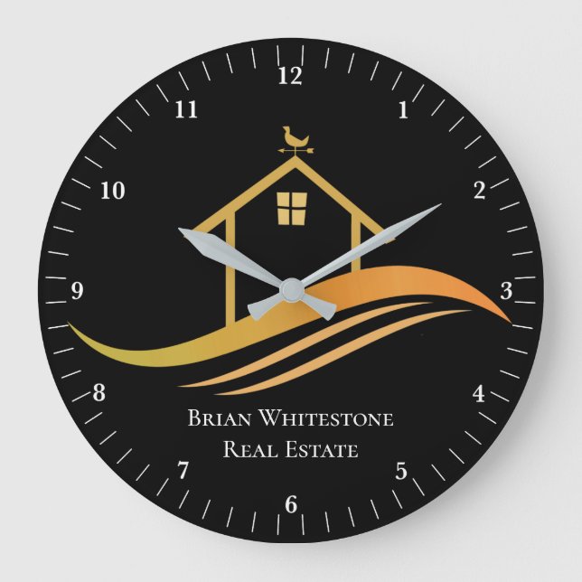 Real Estate Company Modern Chic Gold Black Office Große Wanduhr (Vorderseite)