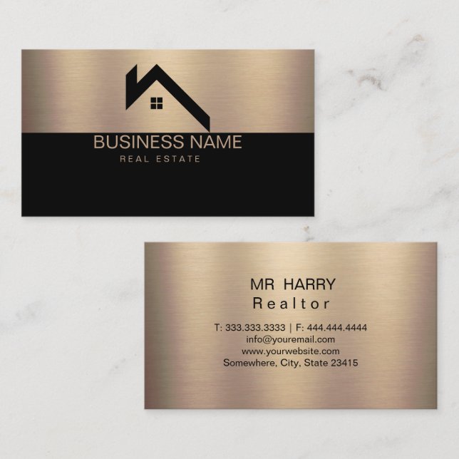Real Estate Modern House Logo Black & Gold Visitenkarte (Vorne/Hinten)