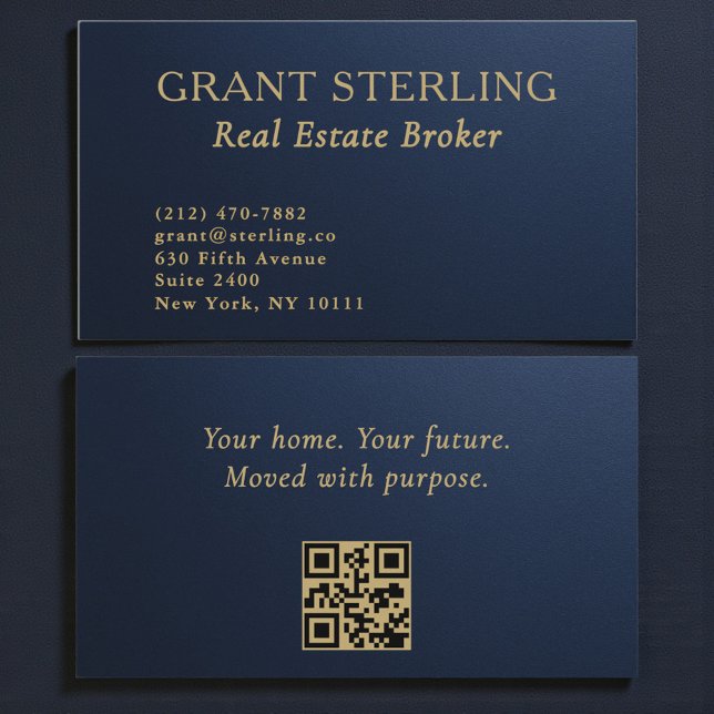 Real Estate Navy Blue Gold Metallic QR Code  Visitenkarte (Von Creator hochgeladen)
