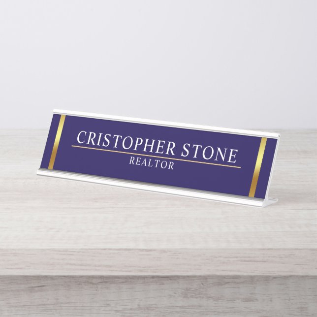 Real Estate Navy Blue House Logo Modern Realtor Schreibtischnamensplakette (Vorderseite )
