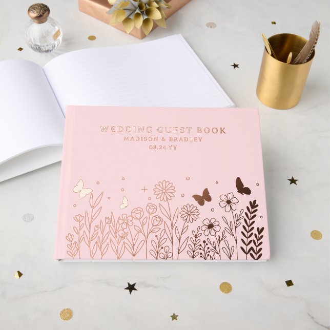 Real Foil Elegante Blumenrosa Hochzeit Gästebuch (Vorderseite offen)
