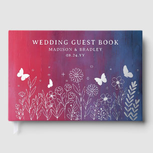 Real Foil Elegante Hochzeit von Rotem Blauen Flora Gästebuch