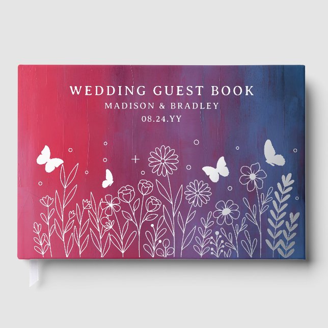 Real Foil Elegante Hochzeit von Rotem Blauen Flora Gästebuch (Vorderseite)