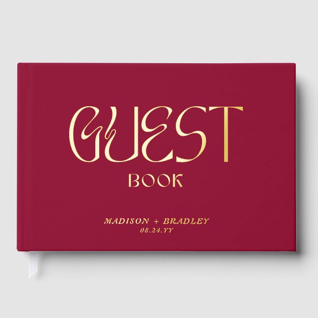 Real Foil Elegante Red Calligraphy Script Wedding Gästebuch (Vorderseite)