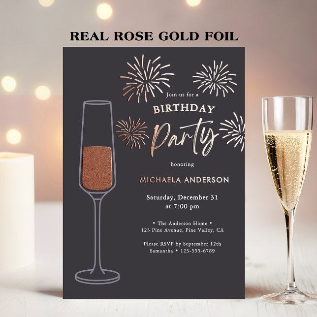 Real Foil Fireworks & Champagne Birthday Party Folieneinladung (Von Creator hochgeladen)