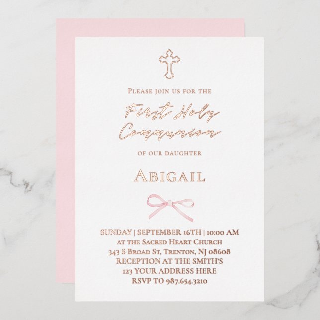 real foil little pink bow First Holy Communion Folieneinladung (Vorderseite/Rückseite)