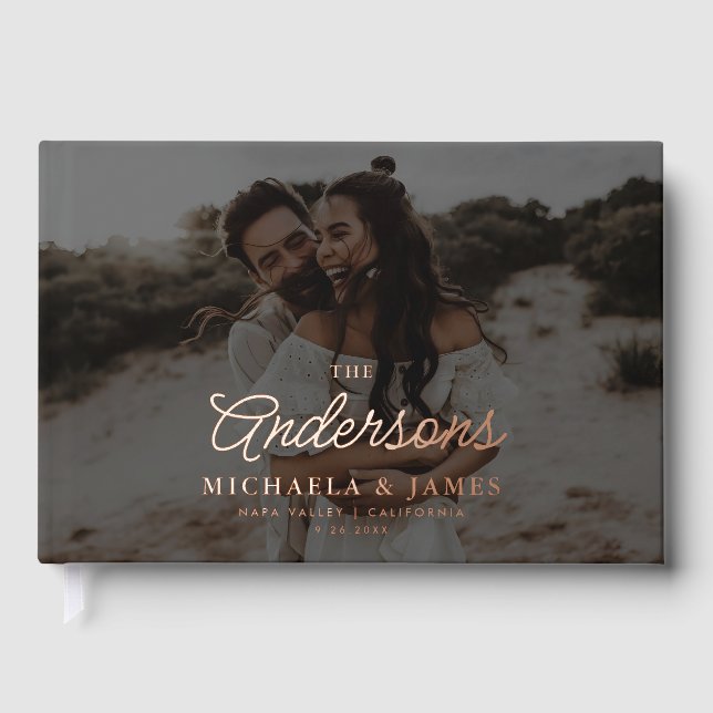 *REAL FOIL* Moderne, elegante Script-Rose Hochzeit Gästebuch (Vorderseite)