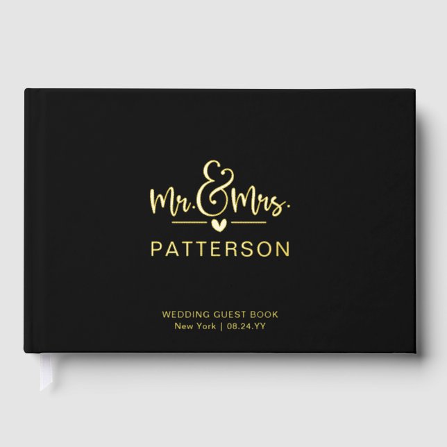 Real Foil Mr. & Mrs. Personalisiert Name Black Wed Gästebuch (Vorderseite)