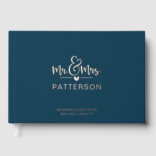 Real Foil Mr & Mrs Personalisiert Name Blue Weddin Gästebuch (Vorderseite)
