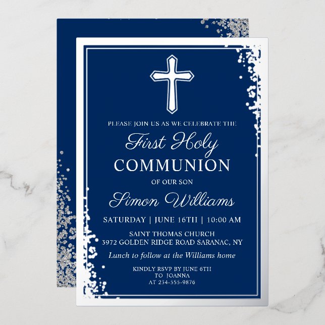 Real Foil Silver Glitzer Navy Blue First Communati Folieneinladung (Vorderseite/Rückseite)