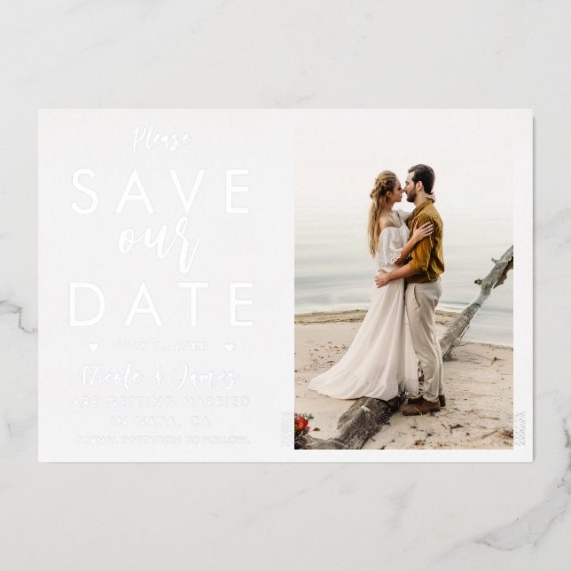 Real Foil Silver Save the Date Foto Verlobung Folieneinladung (Vorderseite)