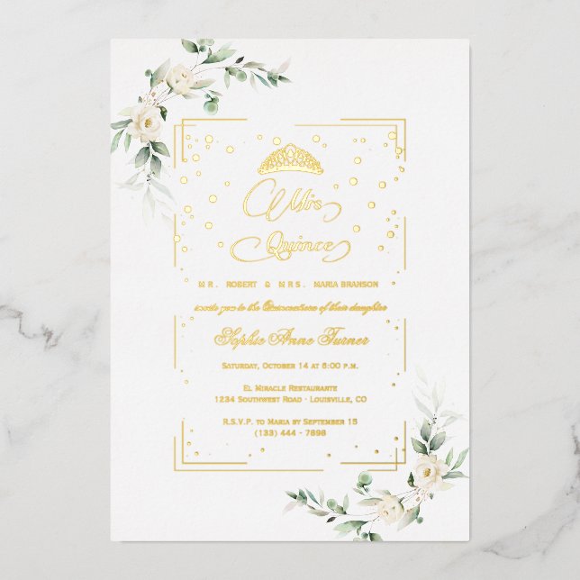 REAL FOIL White Floral Mis Quince Quinceañera Folieneinladung (Vorderseite)