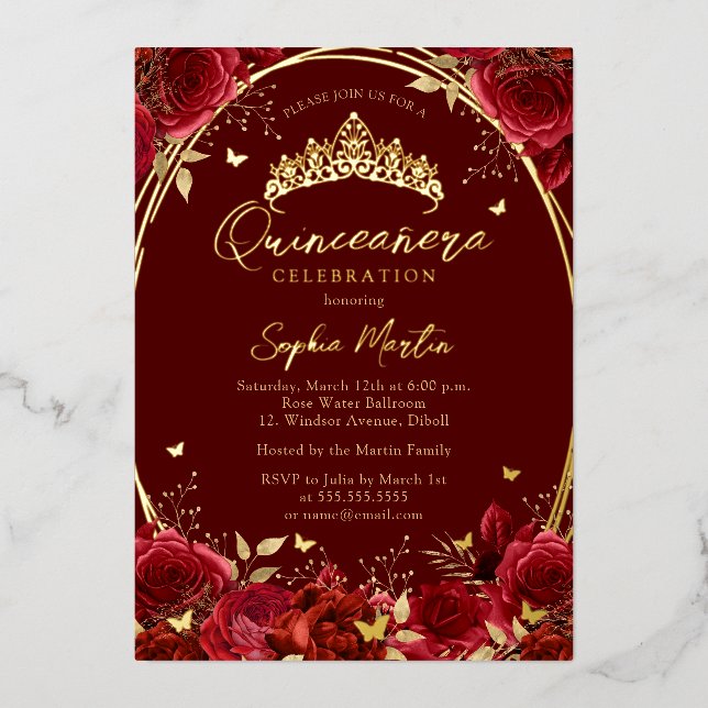 Real Foor Floral Red Butterfly Tiara Quinceanera Folieneinladung (Vorderseite)
