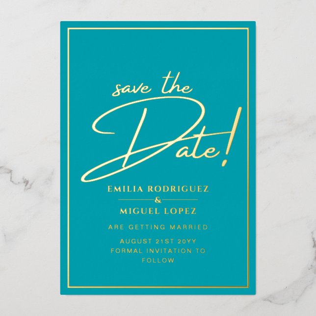 Real GOLD Aquamarin Save the Date Hochzeit Folieneinladung (Vorderseite)
