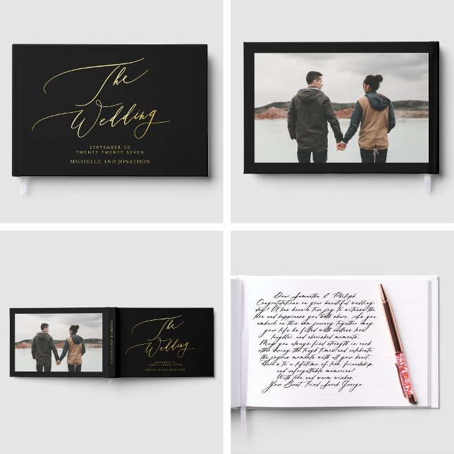 REAL GOLD | Black Modern Calligraphy Foto Wedding Gästebuch (Von Creator hochgeladen)