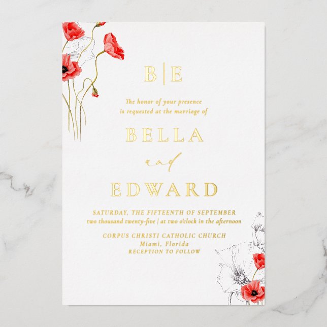 Real Gold Chic Poppy Red Wildblumen Hochzeit Folieneinladung (Vorderseite)