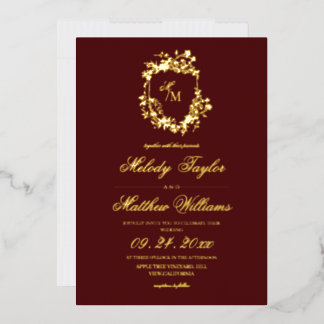 Real Gold Foil and Burgundy Flora Chers Wedding Folieneinladung