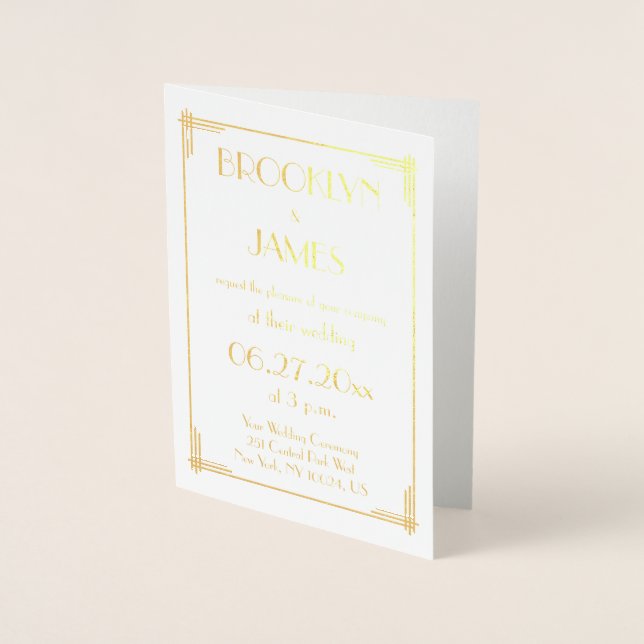Real Gold Foil Art Déco Wedding Invitations Cartes (Devant)