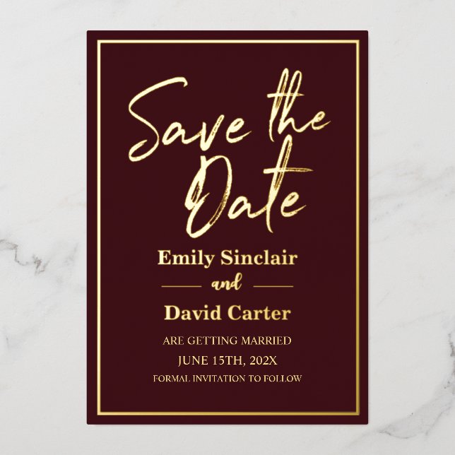 Real Gold Foil auf Marsala Save the Date Hochzeit Folieneinladung (Vorderseite)