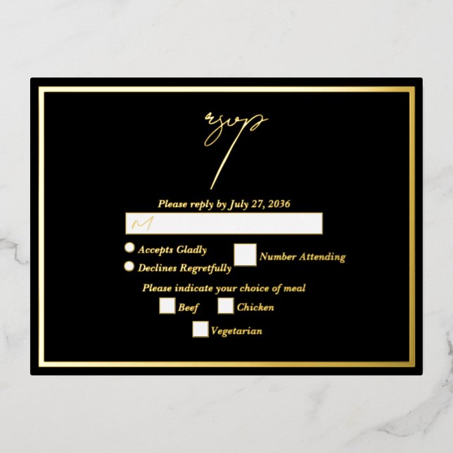 Real Gold Foil Black & Gold Wedding RSVP Folie Einladungspostkarte (Vorderseite)