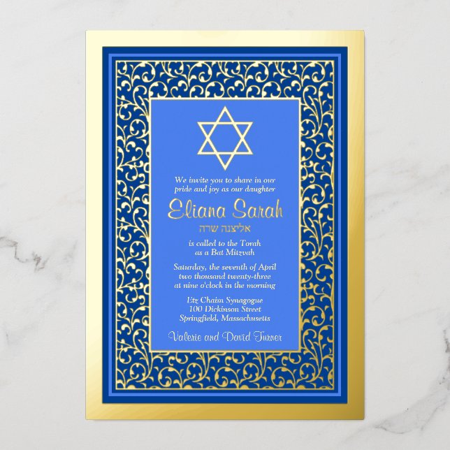 Real Gold Foil Blue Star von David Bat Mitzvah Folieneinladung (Vorderseite)