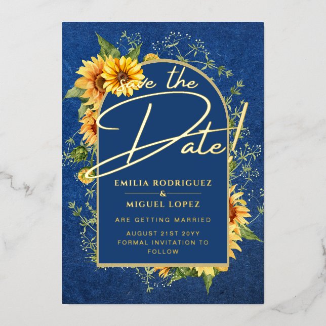 Real GOLD FOIL Blue Sunflowers Rett Date Wedding Folieneinladung (Vorderseite)