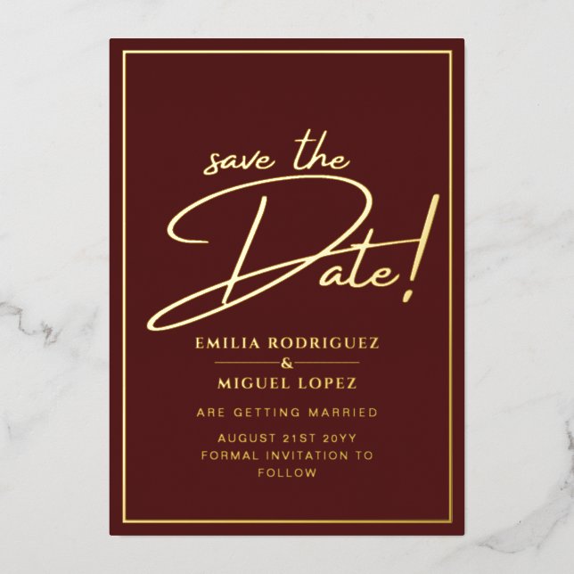 Real GOLD Foil Burgundy Save the Date Hochzeit Folieneinladung (Vorderseite)