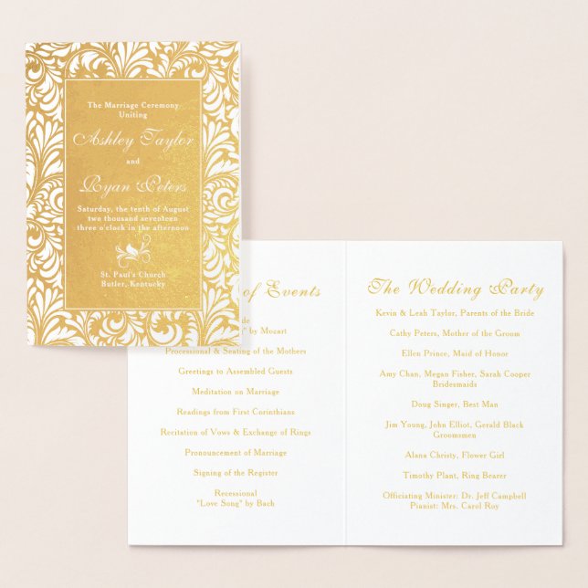 Real Gold Foil Damask Floral Wedding Programme (Affichage)