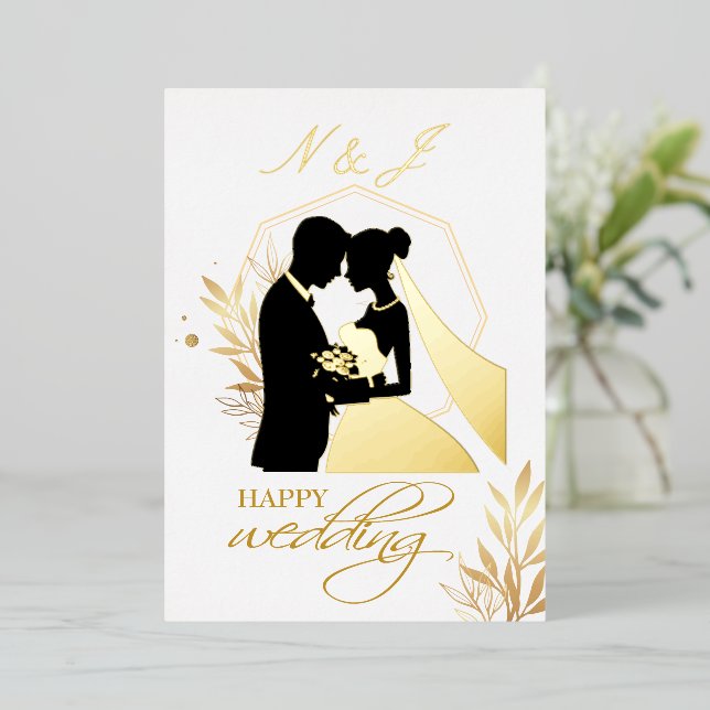 Real Gold Foil Elegante Blätter Wreath Monogram Folieneinladung (Stehend vorne)