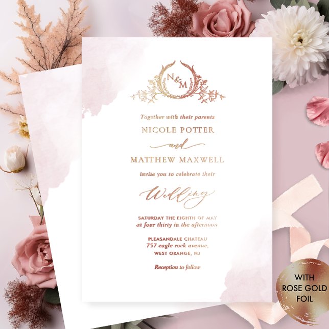 Real Gold Foil Elegante Dusty Rose Monogram Weddin Folieneinladung (Von Creator hochgeladen)