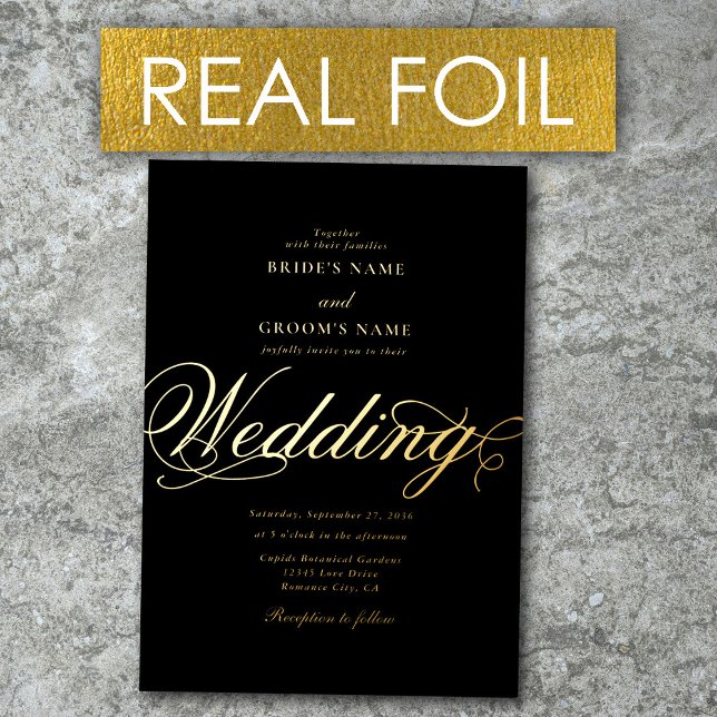 Real Gold Foil Elegante Klassische Hochzeit Folieneinladung (Real Gold Foil Elegant Classy Luxury Black Gold Foil Invitation)