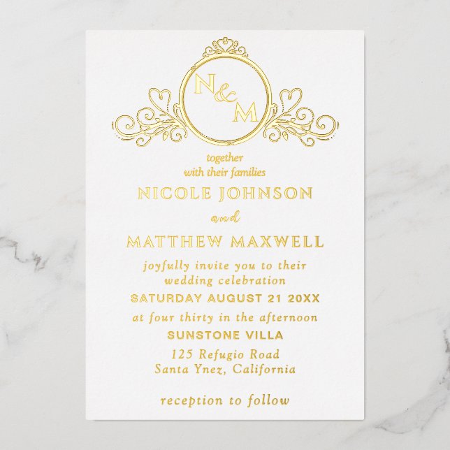 Real Gold Foil Elegante Liebe Monogram Wedding Folieneinladung (Vorderseite)
