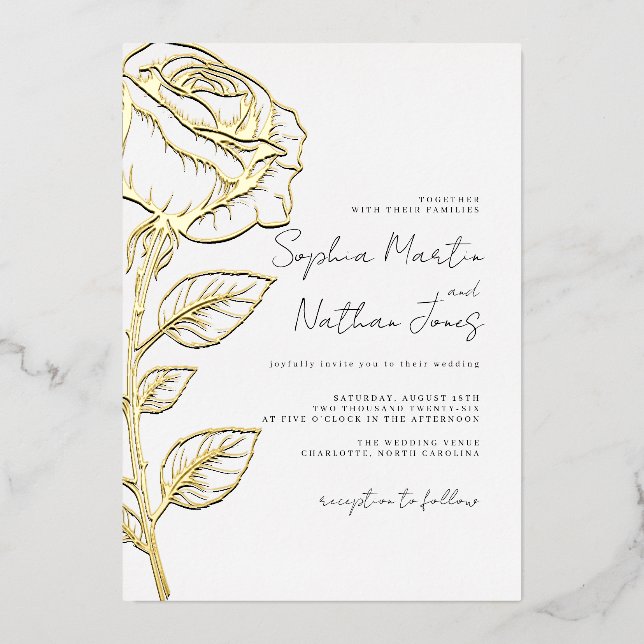 Real Gold Foil Elegante Rose Hochzeit Folieneinladung (Vorderseite)