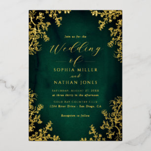 Real Gold Foil Emerald Floral Lace Script Hochzeit Folieneinladung