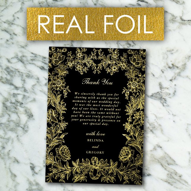 Real Gold Foil Floral Black Wedding Vielen Dank Folieneinladung (Real Gold Foil Floral Black Wedding Thank You Foil Invitation)