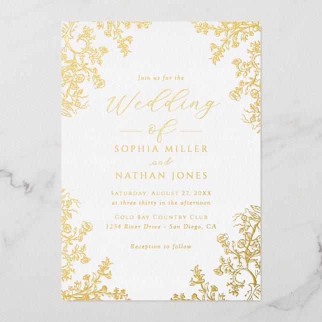 Real Gold Foil Floral Lace Script Hochzeit Folieneinladung (Vorderseite)