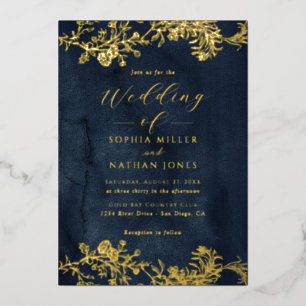 Real Gold Foil Floral Lace Skript Navy Hochzeit Folieneinladung
