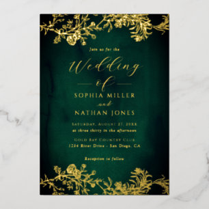 Real Gold Foil Floral Lace Skript Smarald Wedding Folieneinladung