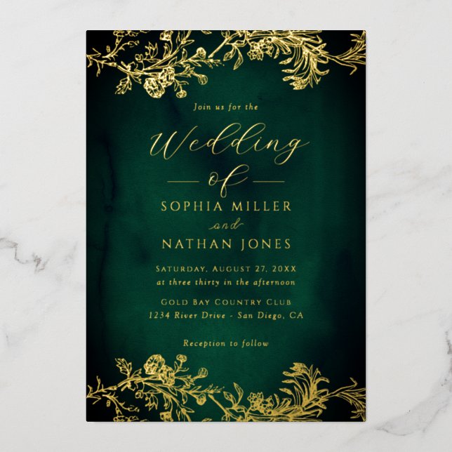 Real Gold Foil Floral Lace Skript Smarald Wedding Folieneinladung (Vorderseite)