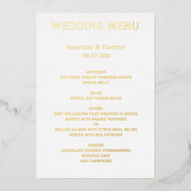 Real Gold Foil Gay Wedding Menü Folieneinladung (Vorderseite)