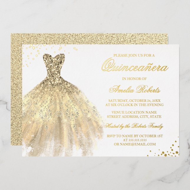 REAL GOLD FOIL Gold Sparkleider Quinceanera Folieneinladung (Vorderseite/Rückseite)