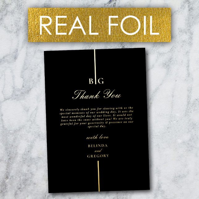 Real Gold Foil Monogram Black Wedding Vielen Dank Folieneinladung (Real Gold Foil Monogram Black Wedding Thank You Foil Invitation)